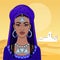 African beauty. Animation portrait of the young black woman in a turban.