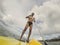 African Black American man having Fun Stand Up Paddling in the sea. Diversity, race, ethnicity and people concept image