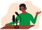 African black man in green clothes is doing live podcast. Male podcaster talking to microphone recording voice in studio. Vector