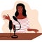 African black Woman is doing live podcast. Female podcaster talking to microphone recording voice in studio. Vector illustration