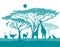 African blue landscape with animals. Vector illustration