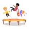 African boy, blonde hair kid and girl jumping at trampoline