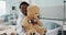 African boy child, hospital and teddy bear on bed with face, smile and rest for recovery for healthcare treatment