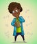 African boy scientist makes notes. Cartoon character.
