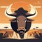 African buffalo in the field at sunset. Vector illustration in flat style Generative AI