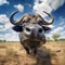 African buffalo in the savannah, wide-angle image from below