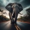 African bull elephant walks down African road