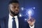 African Businessman Touching Virtual Panel For Fingerprint Scanning, Blue Background