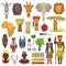 African culture vector characters in traditional clothing in Africa with ethnic tribal mask or drums in safari travel