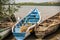 African dugout canoes tied together on the shores of Lake Victoria, Kenya.