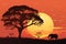 African elephant and acacia tree silhouettes against enormous moon in nighttime safari adventure