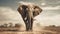 African elephant bull with long ivory tusks walking down dry savannah landscape - generative AI