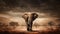 African elephant bull with long ivory tusks walking down dry savannah landscape - generative AI