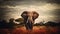 African elephant bull with long ivory tusks walking down dry savannah landscape - generative AI