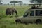 African elephant grazes in savannah behind jeep