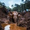 African elephant walking through a shallow muddy pool, AI-generated.