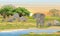 African elephant at a watering place. Savannah, river, large stones, mountains and an acacia tree