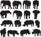 African elephant and white rhinoceros silhouette contour