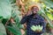 African farmer holding smartphone and  banana at organic farm