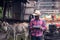 African farmer man with retro radio broadcast receiver on shoulder stands happy smiling outdoor on old cow stall background