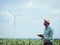 African farmer standing and using tablet on corn farm with  wind turbine in background.Concept of green power sustainability