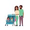 African father mother baby twins double stroller full length avatar on white background, successful family concept, flat