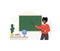 African female teacher in classroom. Pedagogue with pointer at chalkboard. School and college concept. Vector