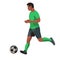 African football player in green sports equipment in profile runs after the ball