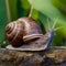 African giant snail crawls slowly in natural environment