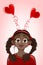 African girl with heart hair band. Valentine\\\'s day card
