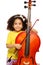 African girl holding violoncello and playing