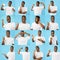 African Guy Posing Gesturing Expressing Positive Emotions, Blue Background, Collage