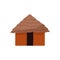 African hut with red walls, thatched brown roof and dark entrance flat style