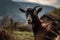 African Indigenous pygmy goat with curved horns in a lush field