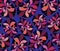 African inspired abstract leaves purple blue black red orange coral seamless pattern. Blue, purple, pink, peach, black. Great for