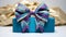 African-inspired Textile Patterns: Purple And Turquoise Ribbon Bow On Blue Gift Box