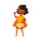 African kid girl in yellow superhero costume standing raised arm cartoon style