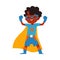 African kid little boy superhero costume standing raised arms cartoon style