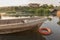 African lake with boat, sunset. Lubango. Angola.