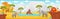 African landscape with cute cartoon animals - elephant, hippo sitting in water and lion, web banner with savannah