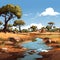 African Landscape Illustration With Rocks And Trees