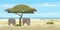 African landscape, savannah, wild herd of elephants, panorama, nature, trees, wilderness. Modern flat cartoon, vector