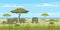 African landscape, savannah, wild herd of elephants, panorama, nature, trees, wilderness. Modern flat cartoon, vector