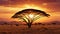 African landscape at sunset with solitary acacia tree standing tall against the backdrop of the setting sun