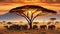African landscape view during sunset with golden sky acacia trees wild animals and Kilimanjaro