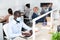 african male happy businessman with medical mask in white room