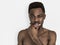 African Man Bare Chest Touching Mouth Portrait