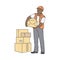 African man in cap and vest stands holding box at stack of parcels sketch style