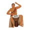 African man in ethnic clothing plays wooden djembe