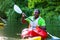 African Man paddling with canoe on river